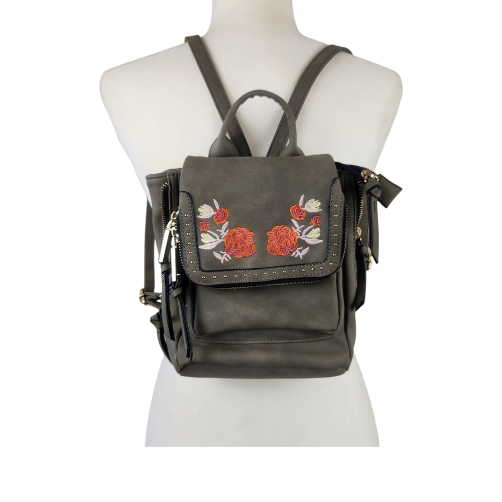 Y2K Faux Leather Small Backpack Olive Green Embroidered Roses Studded